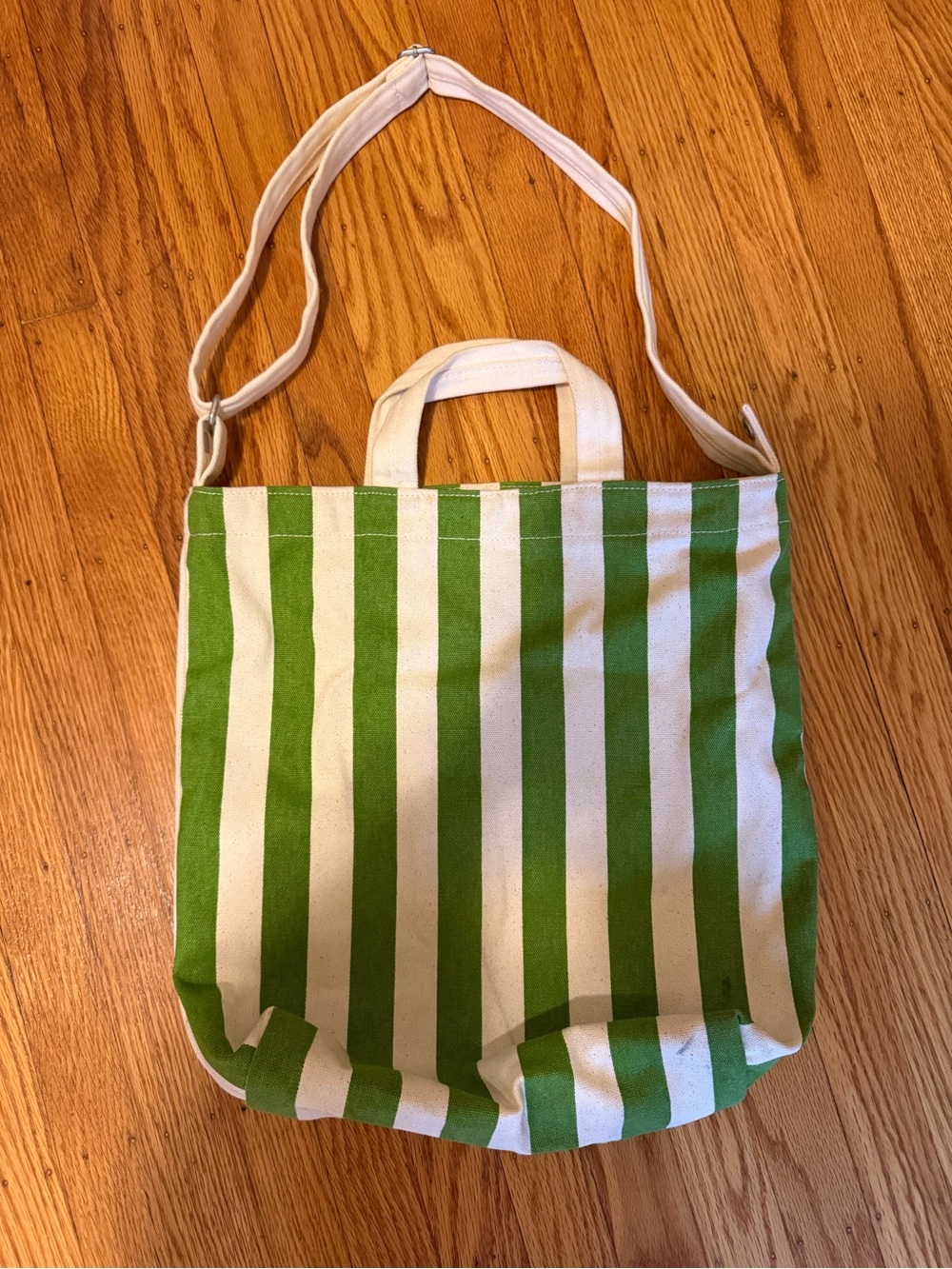 BAGGU Green & White Vertical Stripe Canvas Tote with Strap